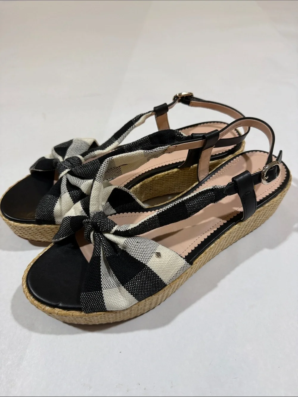 kate spade Betsy Black Crm Gingham Plaid Knot Espadrille Flatform Sandal NWT 11